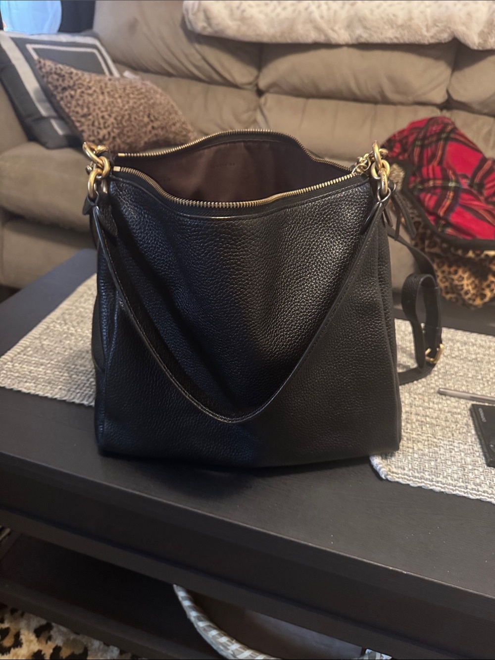 Black Leather Shoulder Bag with Gold Hardware